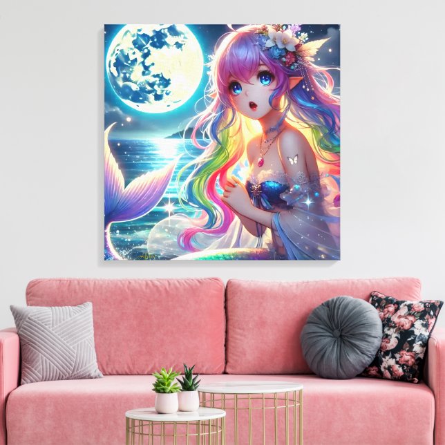 Anime Girl Singing Moonlight Pixie Rainbow Mermaid Canvas Print (Insitu(LivingRoom))