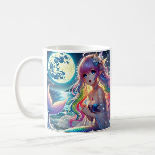 Anime Girl Singing Moonlight Pixie Rainbow Mermaid Coffee Mug (Left)