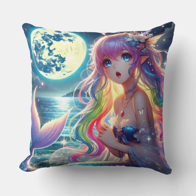 Anime Girl Singing Moonlight Pixie Rainbow Mermaid Cushion (Front)