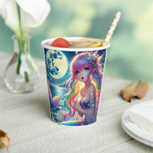 Anime Girl Singing Moonlight Pixie Rainbow Mermaid Paper Cups