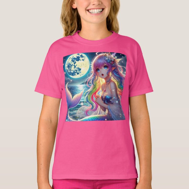 Anime Girl Singing Moonlight Pixie Rainbow Mermaid T-Shirt (Front)
