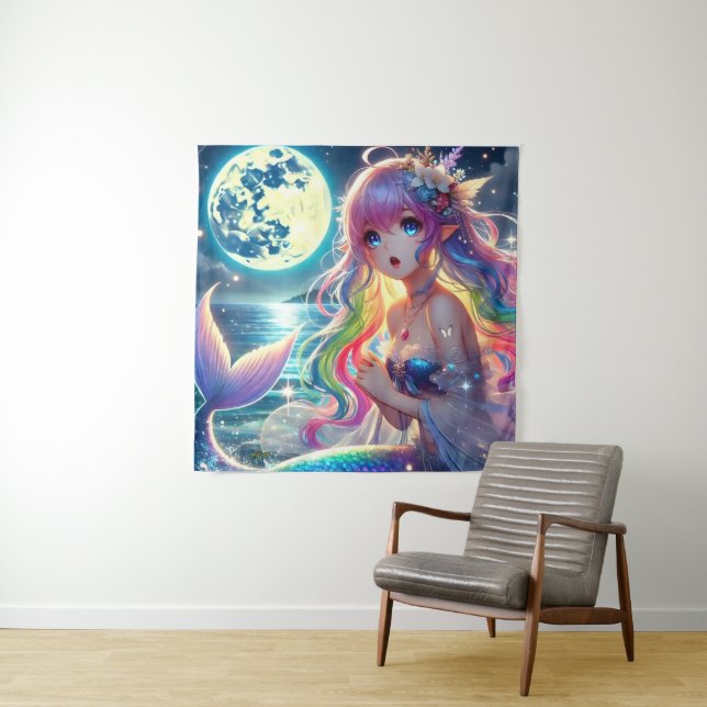 Anime Girl Singing Moonlight Pixie Rainbow Mermaid Tapestry (In Situ)