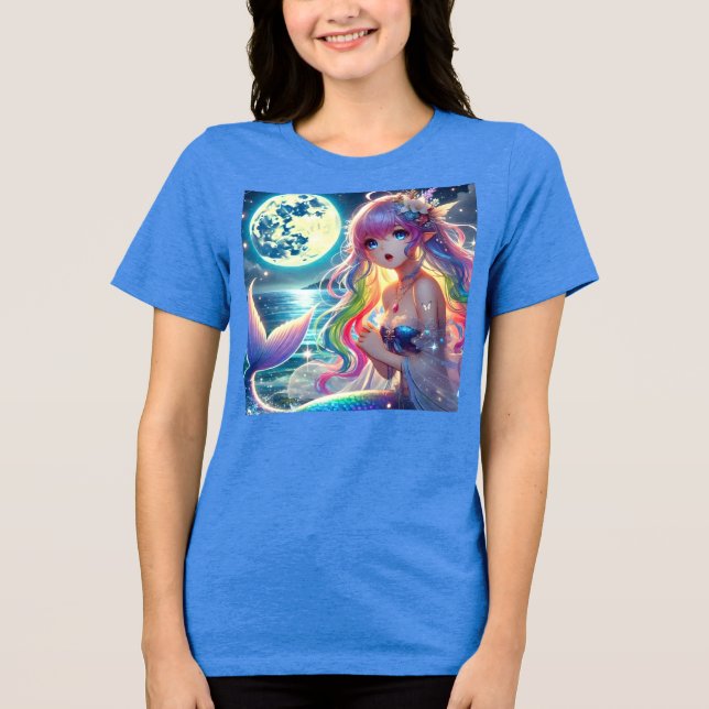 Anime Girl Singing Moonlight Pixie Rainbow Mermaid Tri-Blend Shirt (Front)