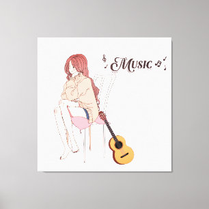 Anime Girl Sitting with getar& Music Notes–Aesthe Canvas Print