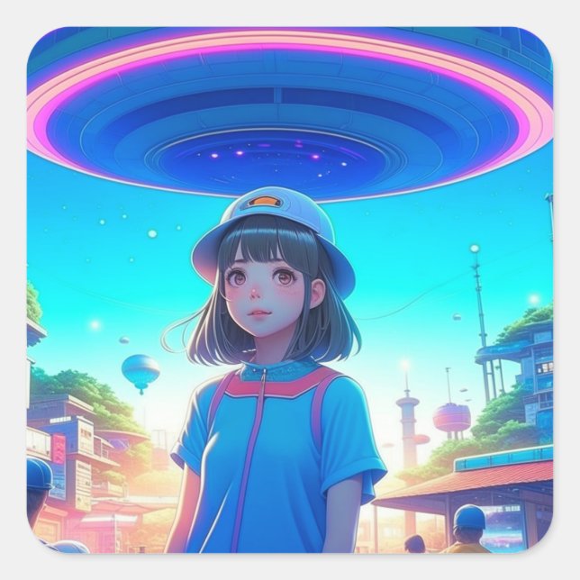 Anime Girl under a UFO in the City Square Sticker (Front)