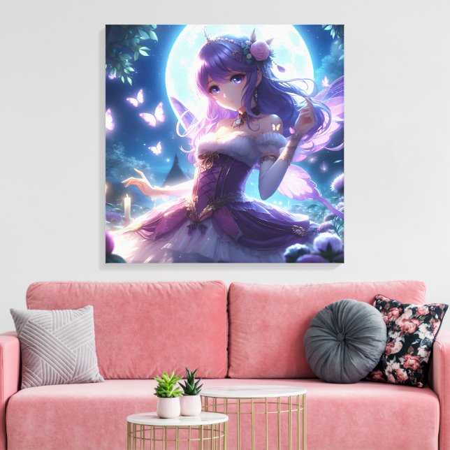 Anime Girl Violet Butterfly Wing Moon Fairy  Canvas Print (Insitu(LivingRoom))