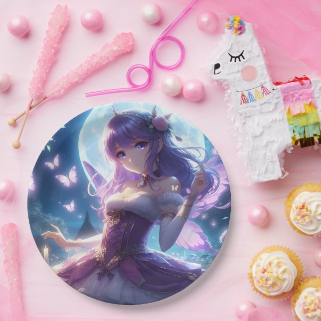 Anime Girl Violet Butterfly Wing Moon Fairy  Paper Plate (Party)