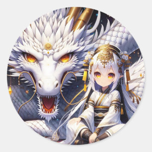 Anime Girl Warrior and Dragon Ai Art Classic Round Sticker