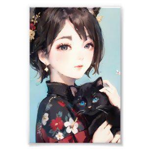 Anime Girl with Cat Floral Dress Portrait Photo Print