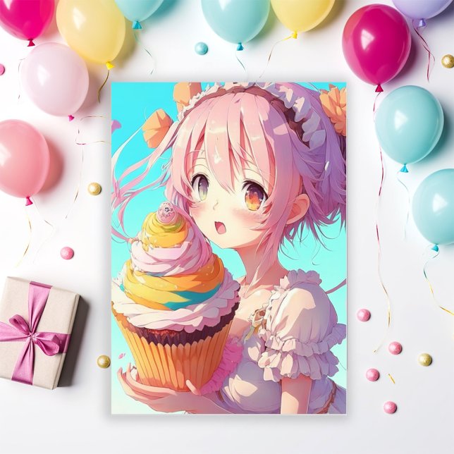 Anime Girl with Cupcake Birthday Party Invitation (Creator Uploaded)
