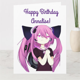 Anime Girl with Headphones Cat Ears Big Birthday Card
