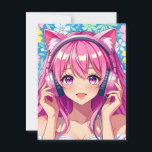 Anime Girl with Headphones | Saying Hi Postcard<br><div class="desc">An adorable anime girl in headphones with cat ears listening to music with pink hair,  purple eyes,  and a floral background postcard to keep in touch with friends and family.</div>