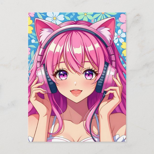 Anime Girl with Headphones | Saying Hi Postcard (Front)