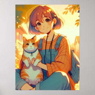 Anime Girl With Her Favourite Cat Poster