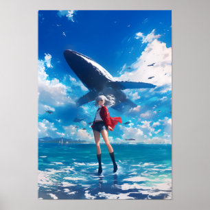 Anime Girl with Heterochromia and Flying Whale Poster