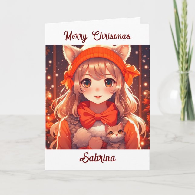 Anime Girl with Kitten Colouring Page Christmas Card (Front)