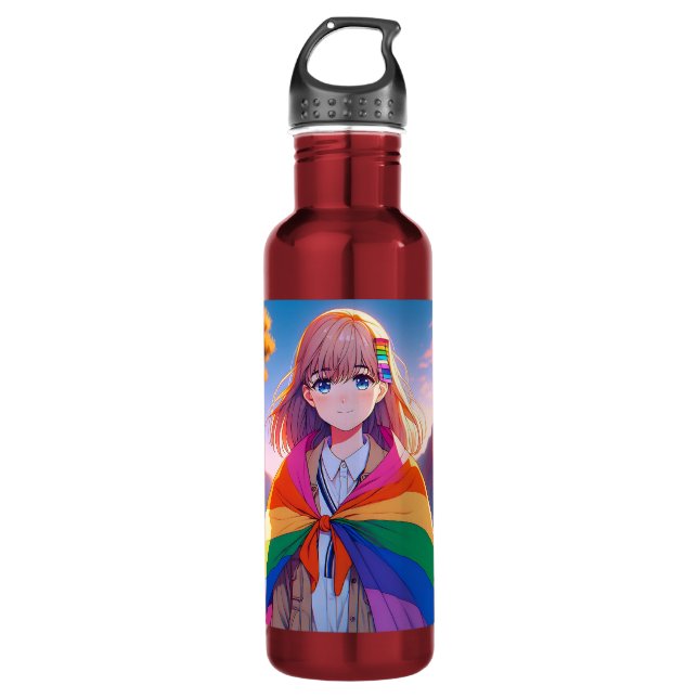 Anime Girl with LGBTQIA+ Cape   710 Ml Water Bottle (Front)