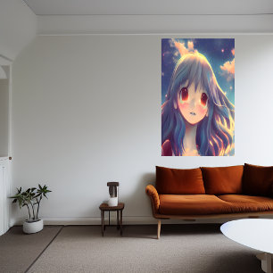 Anime girl with long  blue hair   AI Art Poster