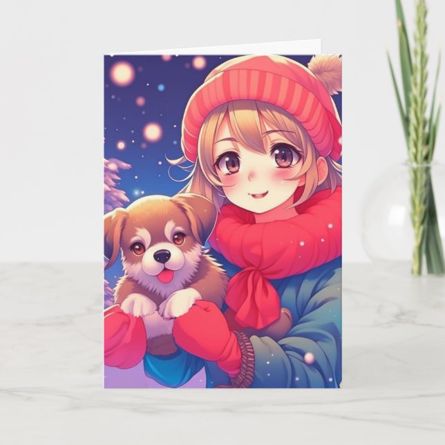 Anime Girl with Puppy Personalised Christmas Holiday Card (Front)