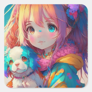 Anime Girl with Puppy Square Sticker