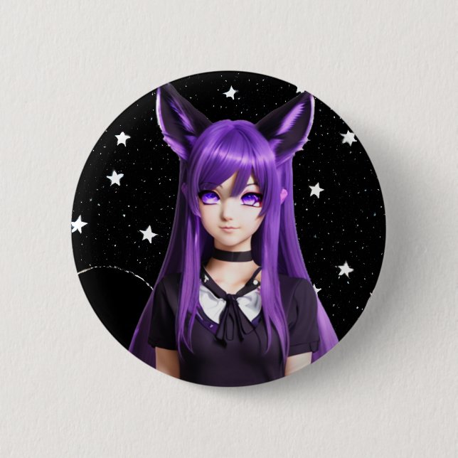 Anime Girl with Purple Hair and Eyes 6 Cm Round Badge (Front)