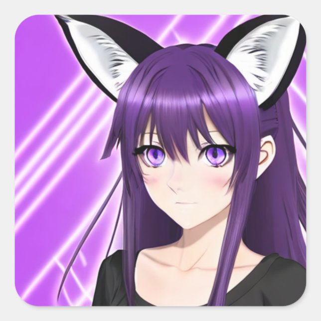 Anime Girl with Purple Hair and Eyes Square Sticker (Front)