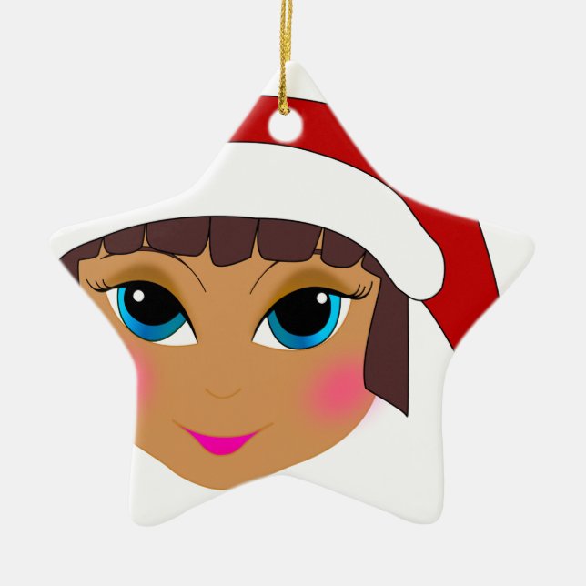 Anime Girl with Santa's Hat Ceramic Tree Decoration (Front)