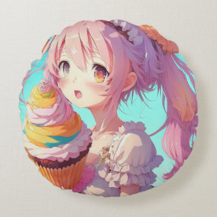 Anime Girl with Whimsical Cupcake Round Cushion