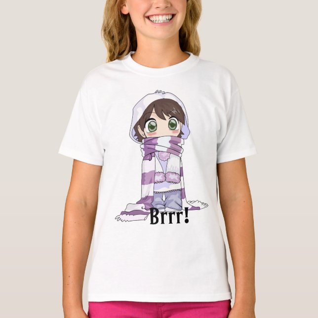 Anime Girl Wrapped Up In Winter Gear T-shirt (Front)