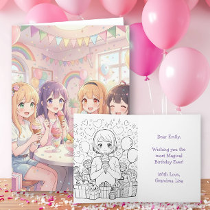 Anime Girl's Birthday Card with Colouring Page