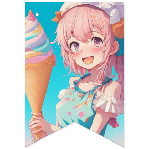Anime Girls Birthday Pastel Colours Whimsical Bunting