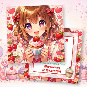 Anime Girl's Birthday   Strawberries and Cupcakes  Invitation