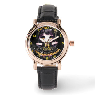 Anime Girls Kawaii Goth Chibi Decor Black Gold Watch