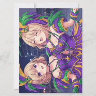 Anime Girls Mardi Gras Holiday Card