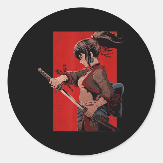 Anime Girls Teens Samurai Waifu Japanese Otaku Kaw Classic Round Sticker (Front)