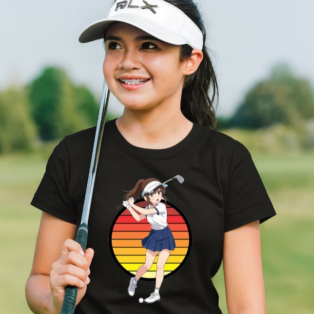 Anime Golfer Girl On Retro Sunset Template T-Shirt (Creator Uploaded)