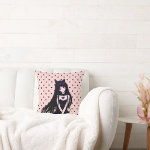 Anime Goth Girl on Polka Dots Cushion