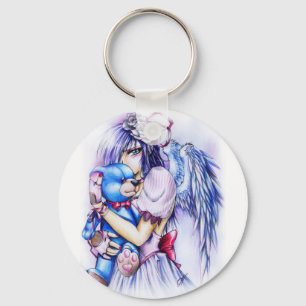 Anime Gothic Pink Angel Girl With Teddy Key Ring