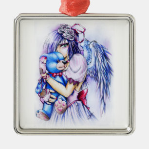 Anime Gothic Pink Angel Girl With Teddy Metal Tree Decoration