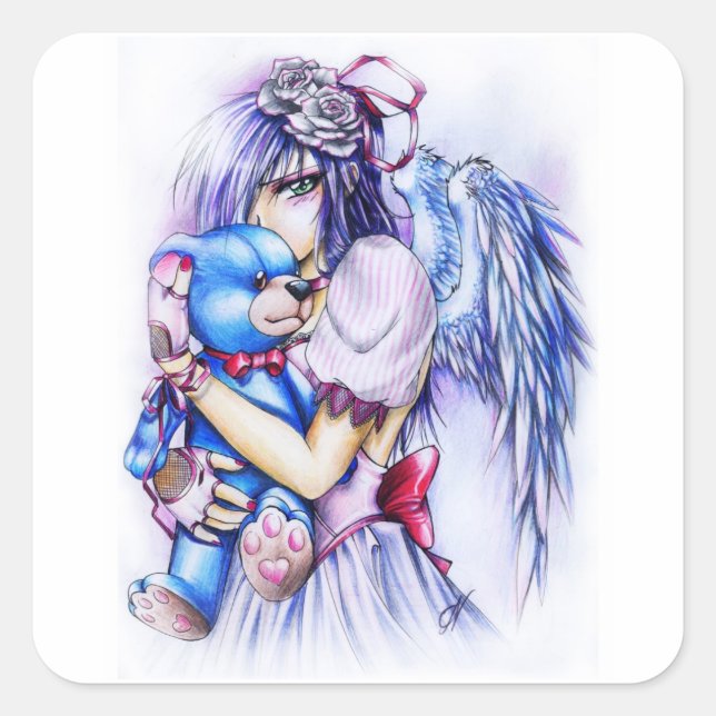 Anime Gothic Pink Angel Girl With Teddy Square Sticker (Front)