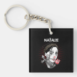 Anime Gothic style girl and rose Key Ring