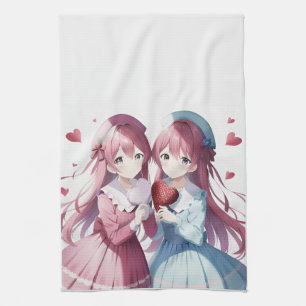 Anime hearts Valentine's Day Tea Towel