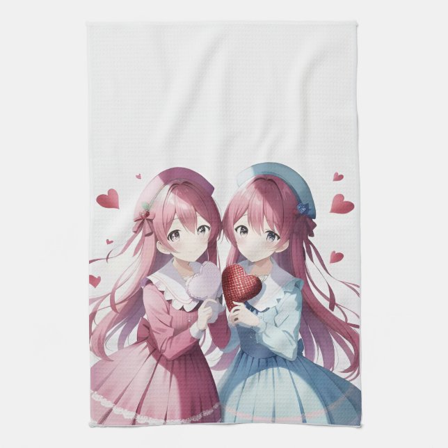 Anime hearts Valentine's Day  Tea Towel (Vertical)