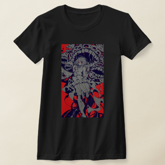 Anime Horror Aesthetic Scary Creepy Girl Japanese  T-Shirt (Laydown)