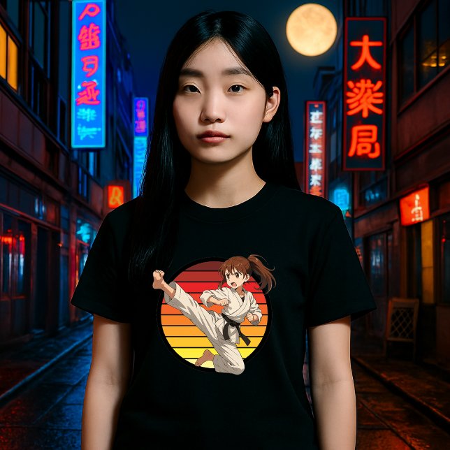Anime Karate Girl On Retro Sunset Template T-Shirt (Creator Uploaded)