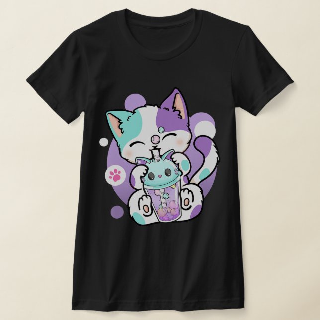 Anime Kawaii Cat Boba Bubble Tea Neko Boba Tea Cat T-Shirt (Laydown)