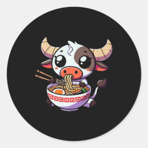 Anime Kawaii Texas Cow Eating Ramen Clothing Noodl Classic Round Sticker