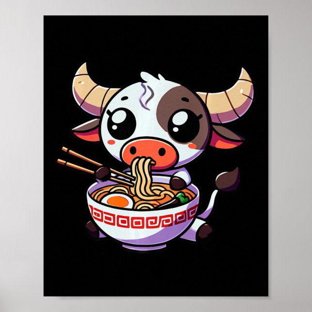 Anime Kawaii Texas Cow Eating Ramen Clothing Noodl Poster (Front)