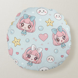Anime Kawaii with Hearts and Stars Round Cushion