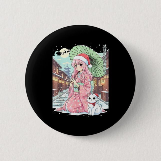 Anime Kimono Girl Christmas Japan Cat Xmas Japan A 6 Cm Round Badge (Front)